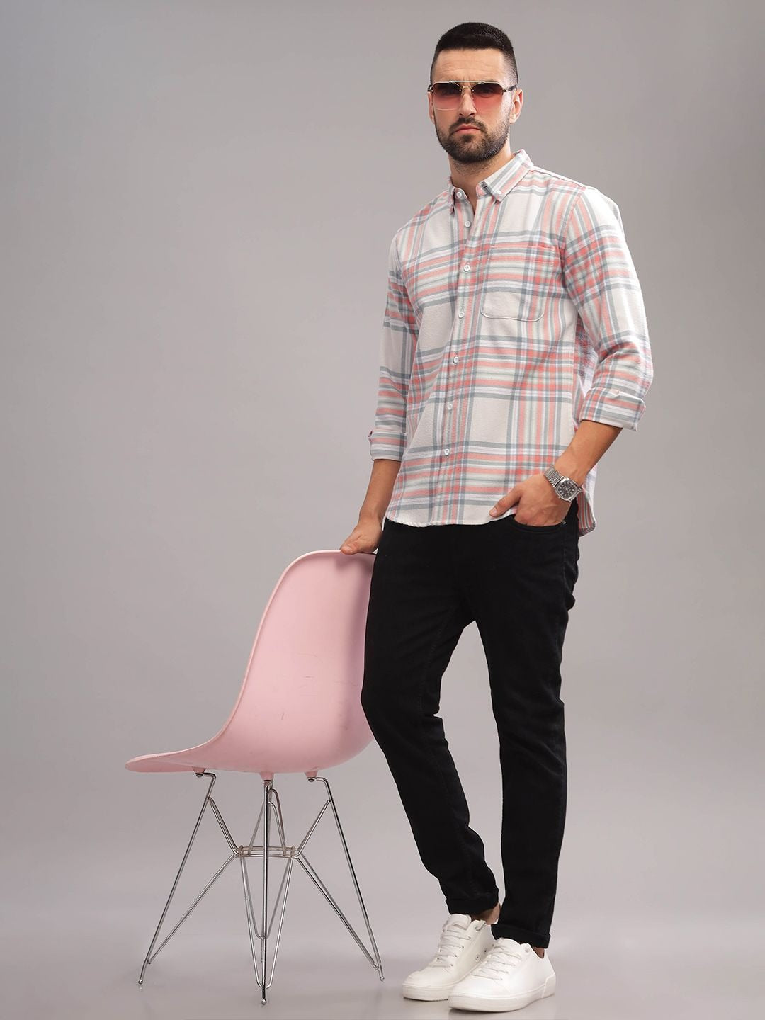 HERE&NOW Tartan Checks Printed Cotton Slim Fit Casual Shirt