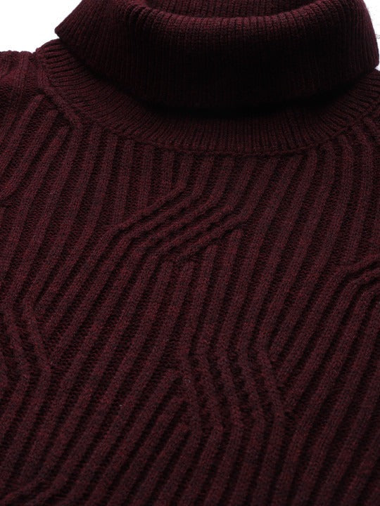 Mast & Harbour Men Maroon Ribbed Pullover Sweater