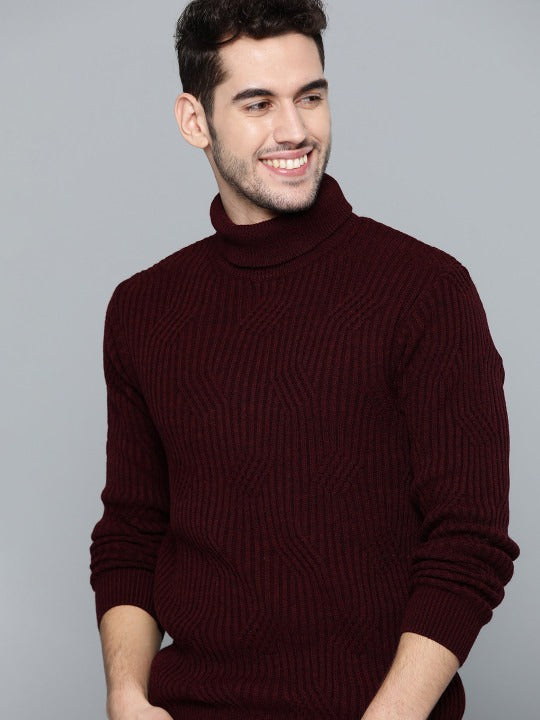 Mast & Harbour Men Maroon Ribbed Pullover Sweater