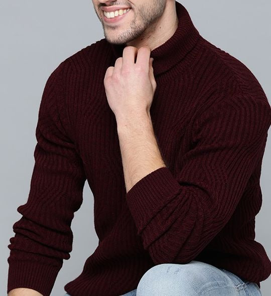 Mast & Harbour Men Maroon Ribbed Pullover Sweater